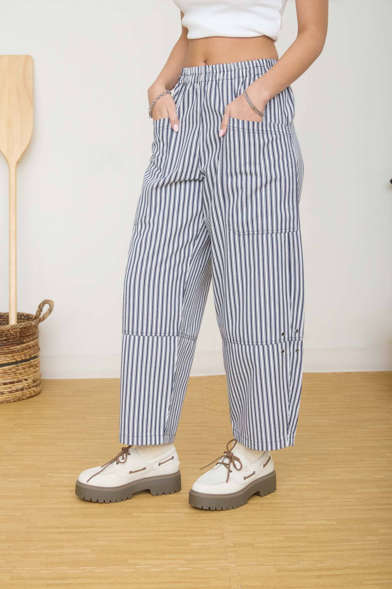 Navy Stripe Barrel Pants