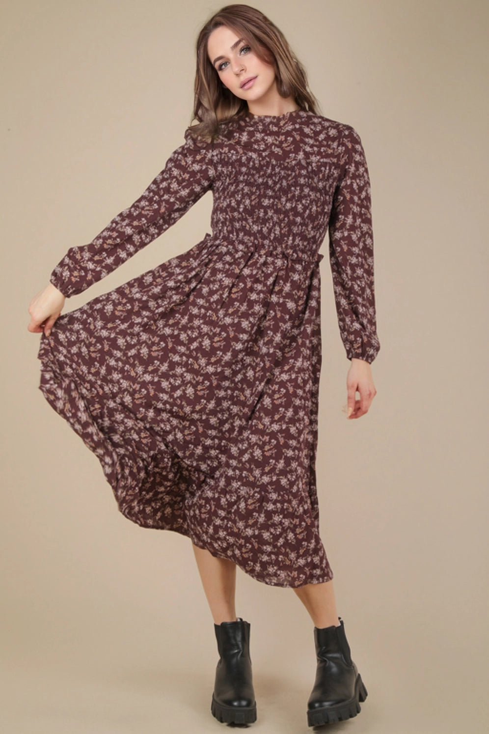 Wine Mock Neck Floral Midi Dress