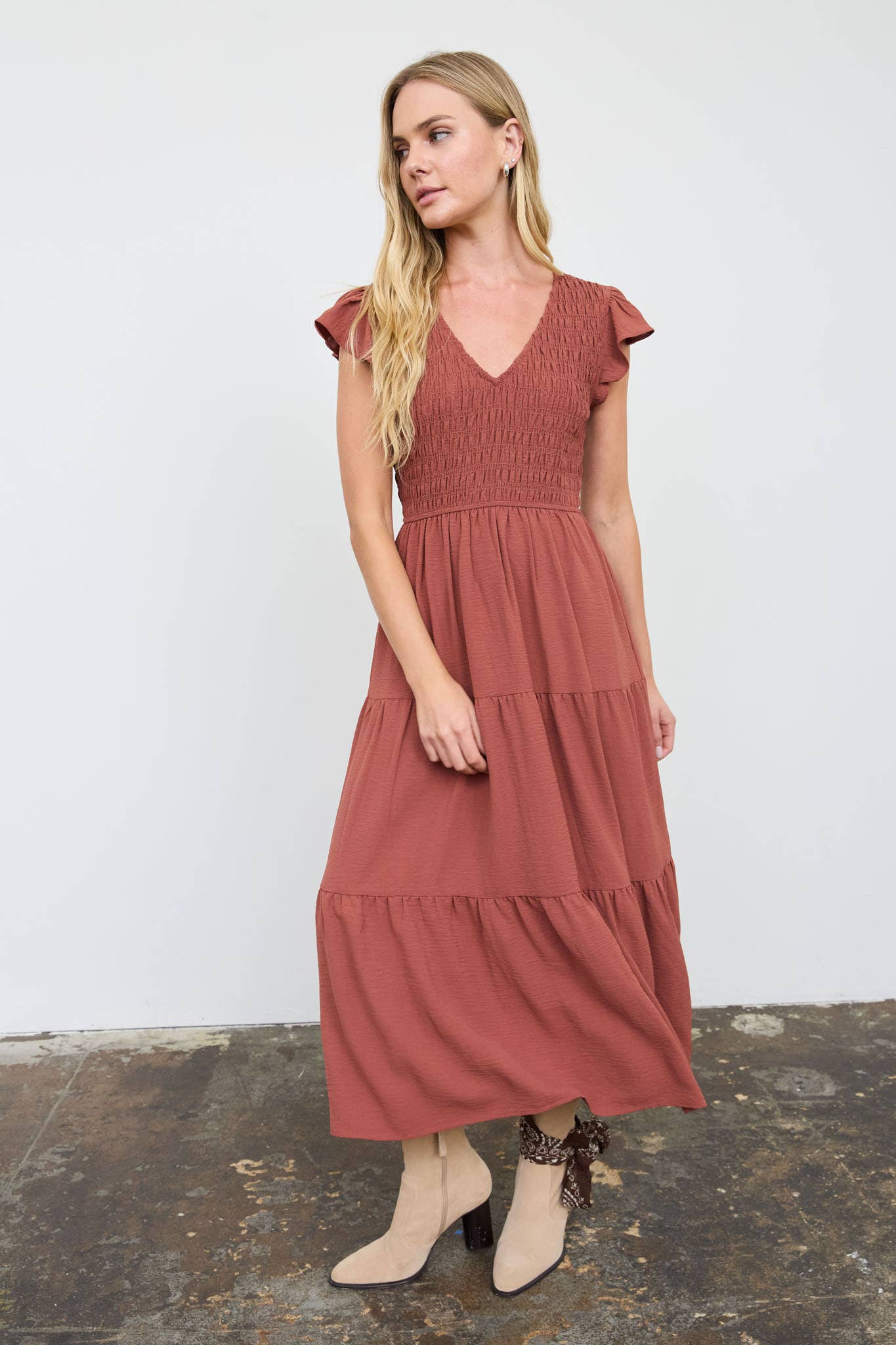 Flutter Sleeve Smocked Midi Dress