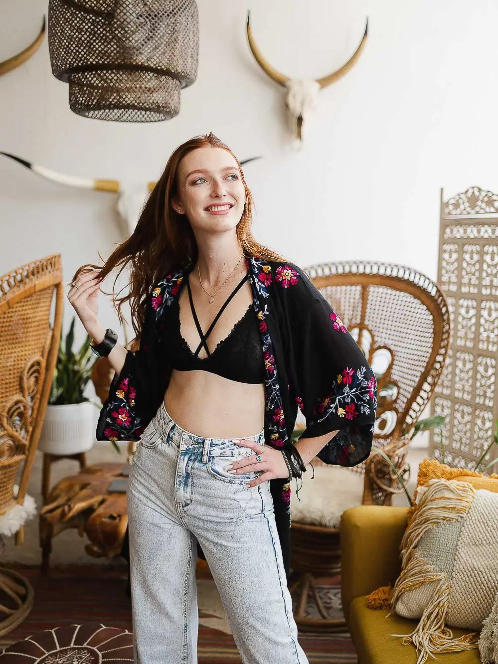 Black Floral Embroidered Kimono