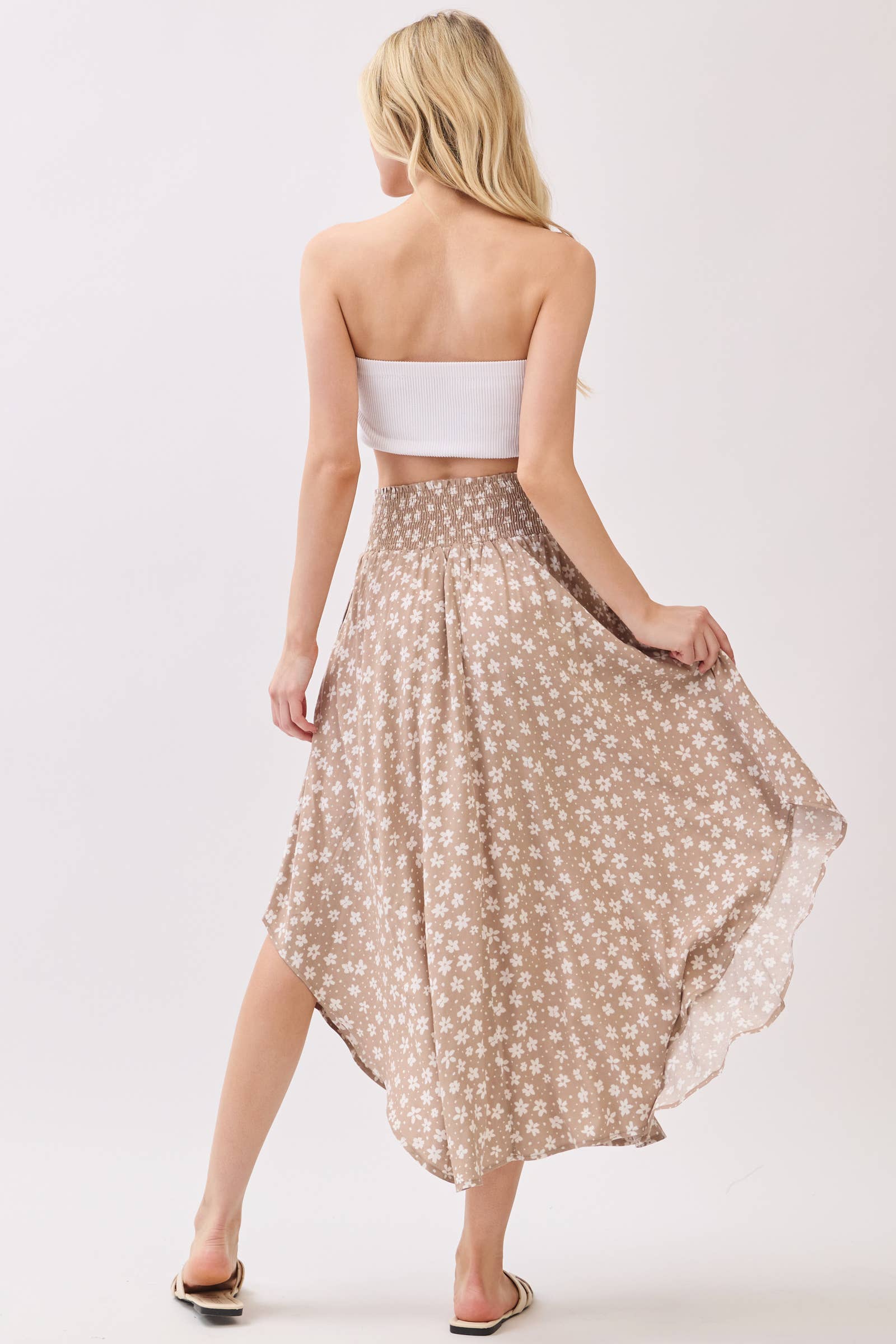 Natural Floral Smocked Waist Maxi Skirt