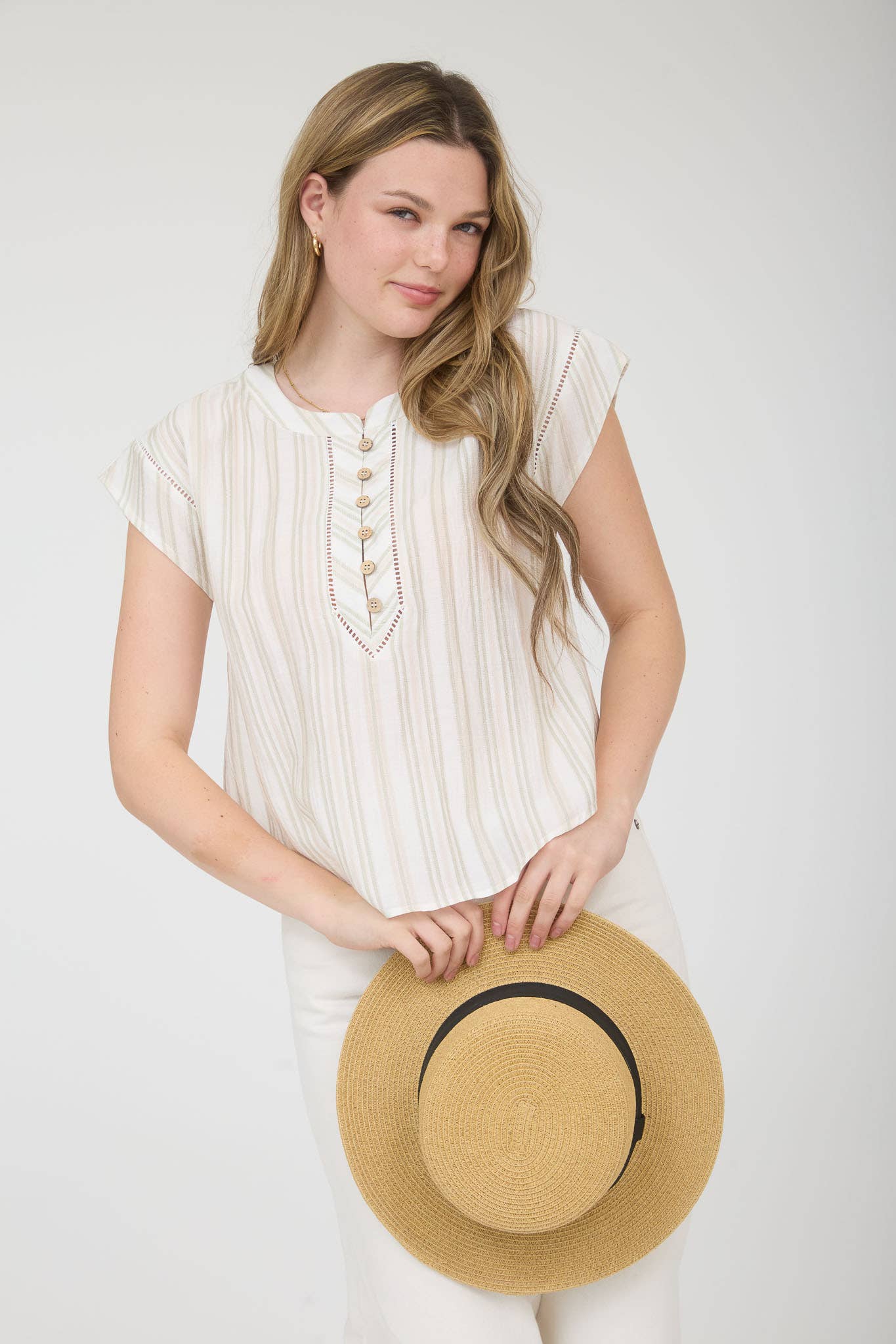 Stripe Wood Button Henley Top