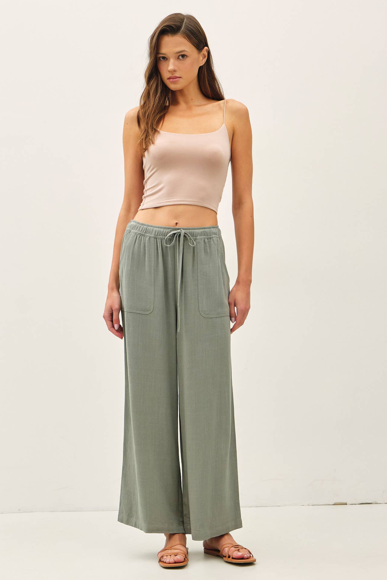 Linen Drawstring Waist Wide Leg Pants