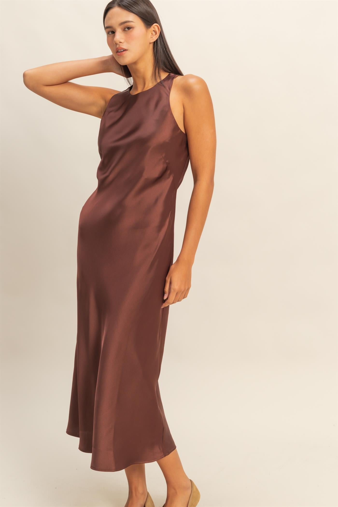 Chestnut High Neck Satin Slip Dress