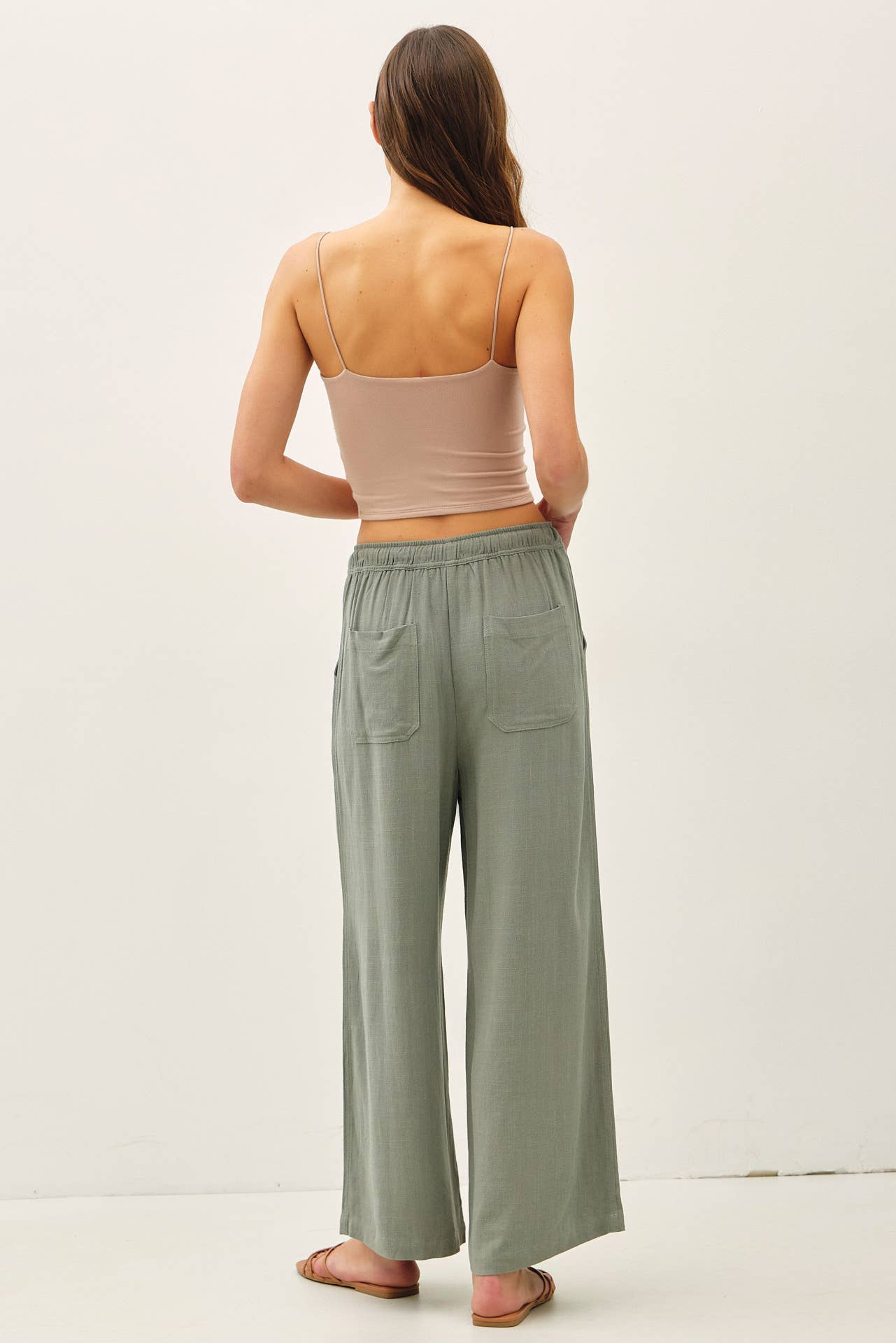 Linen Drawstring Waist Wide Leg Pants