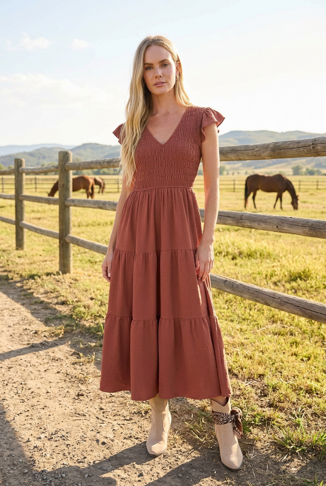 Flutter Sleeve Smocked Midi Dress