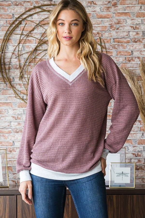 Cream Trim Mauve Waffle Pullover