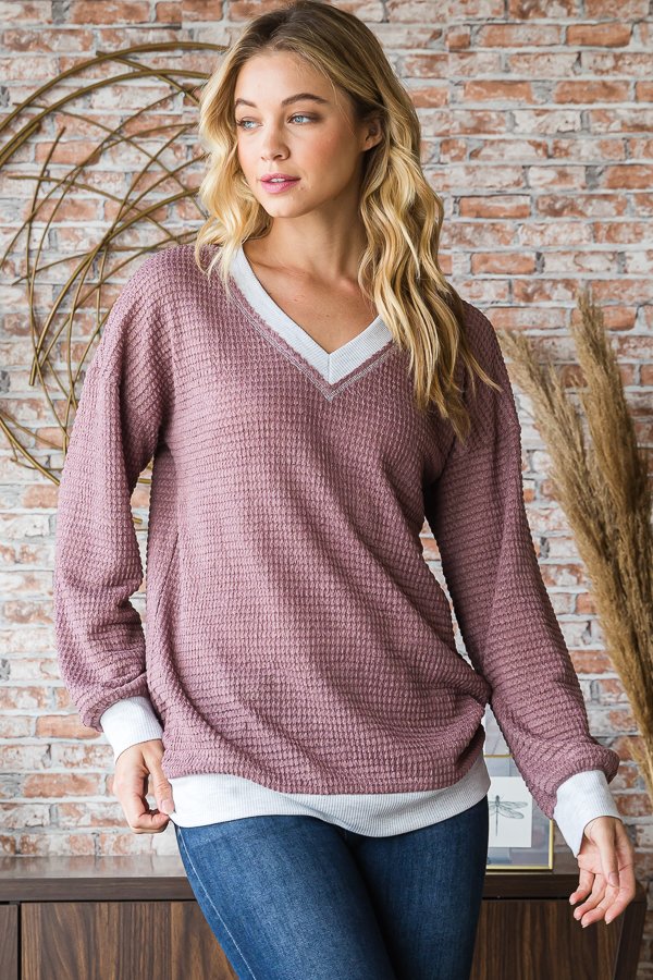 Cream Trim Mauve Waffle Pullover