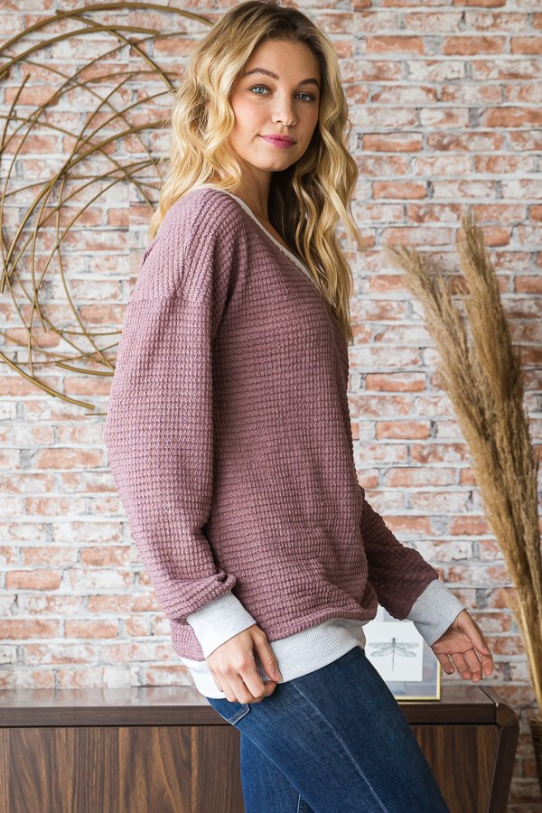 Cream Trim Mauve Waffle Pullover