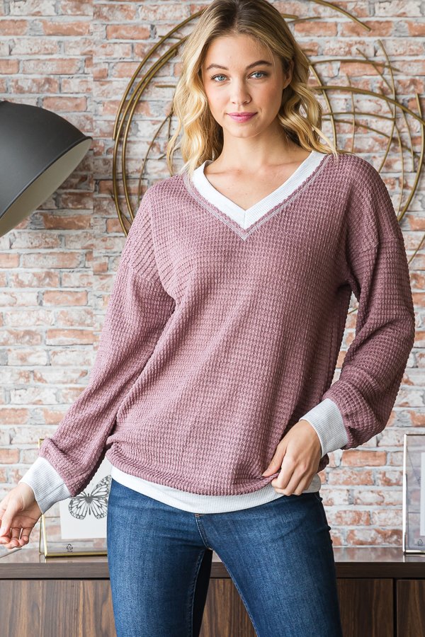 Cream Trim Mauve Waffle Pullover