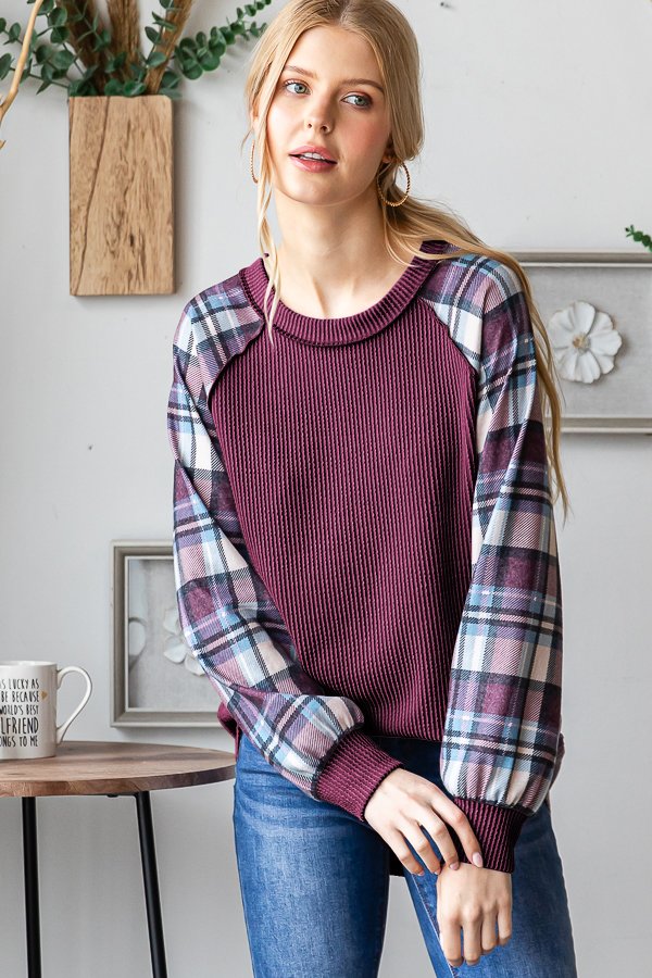 Burgundy Plaid Raglan Top