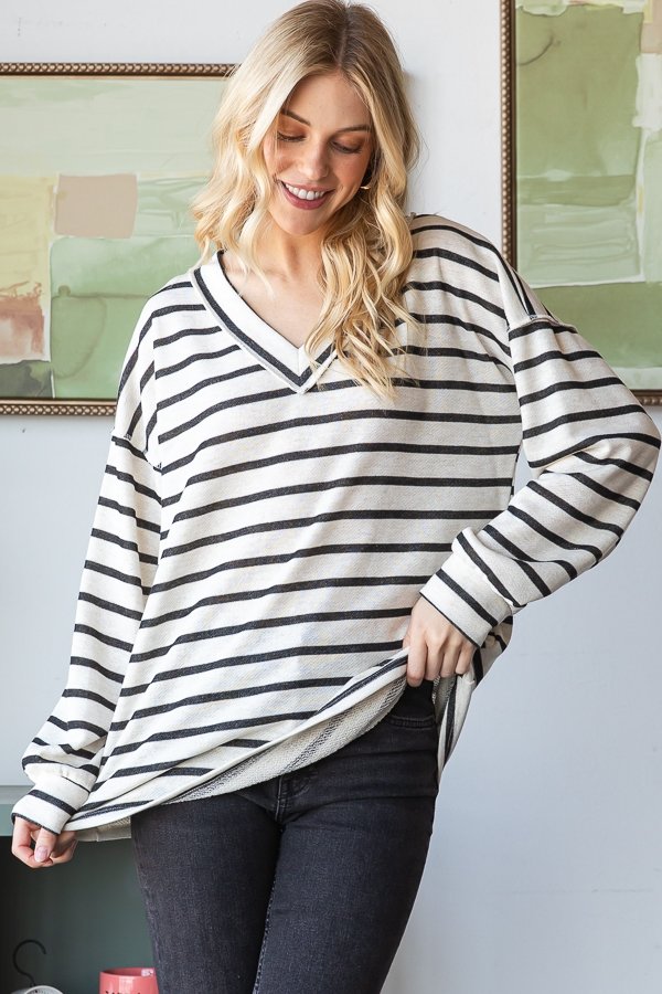 Oatmeal Black Stripe V-Neck Top