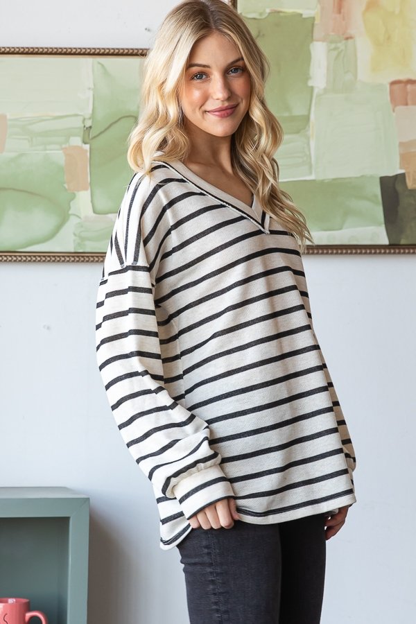 Oatmeal Black Stripe V-Neck Top