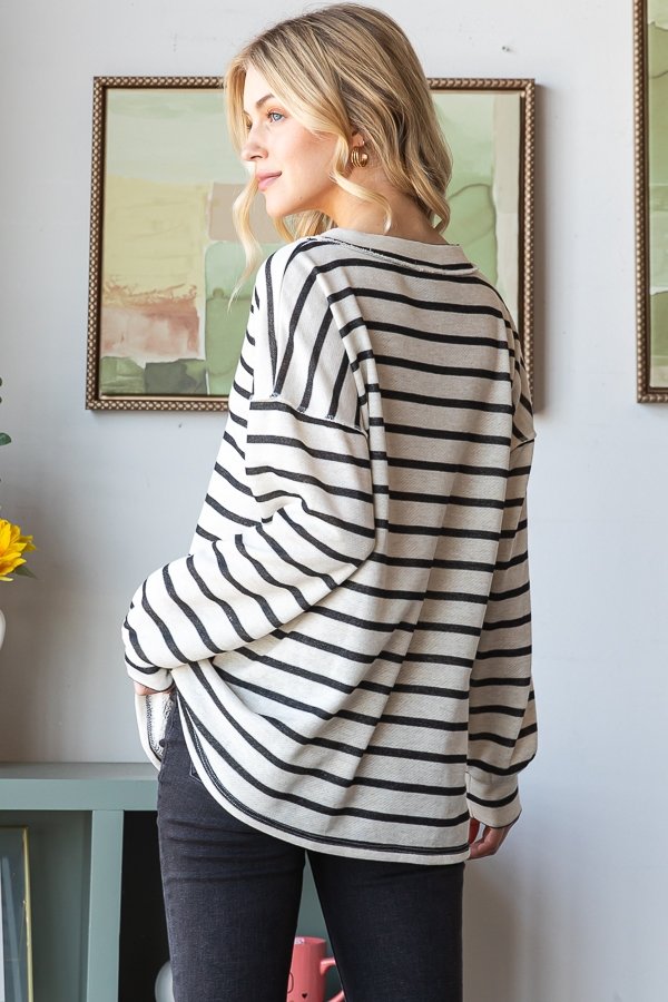 Oatmeal Black Stripe V-Neck Top