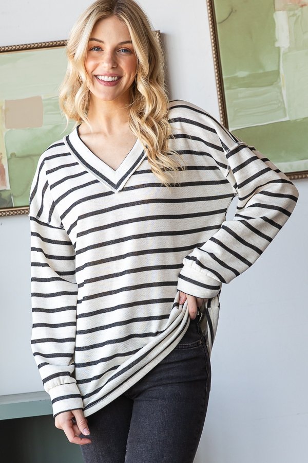 Oatmeal Black Stripe V-Neck Top