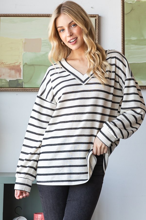 Oatmeal Black Stripe V-Neck Top