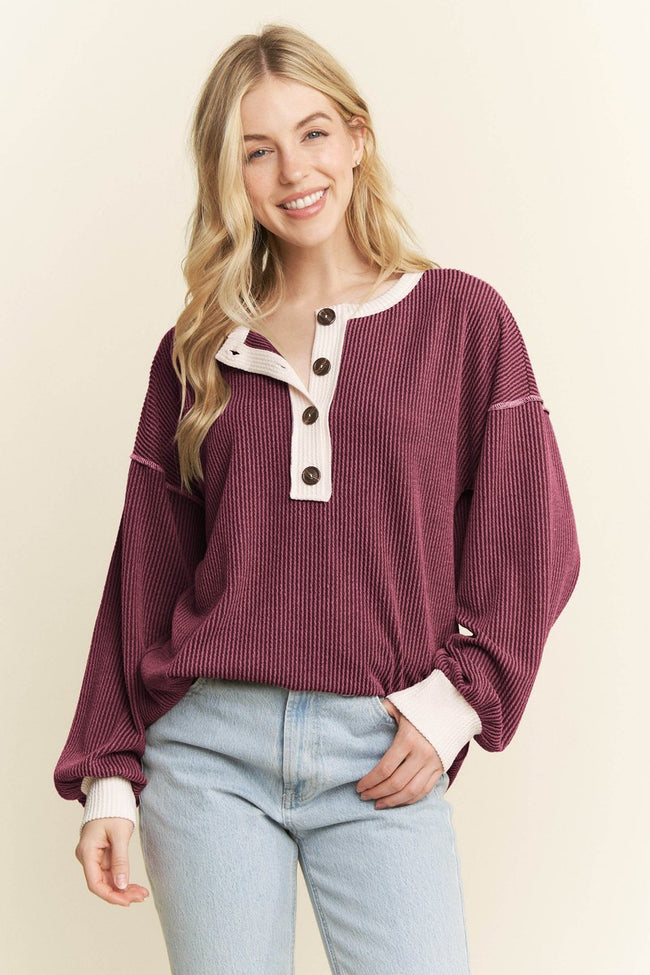 Wine Ribbed Henley Top
