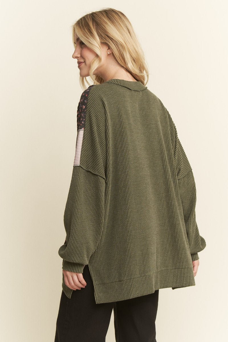 Olive Floral Mixed Ribbed Top