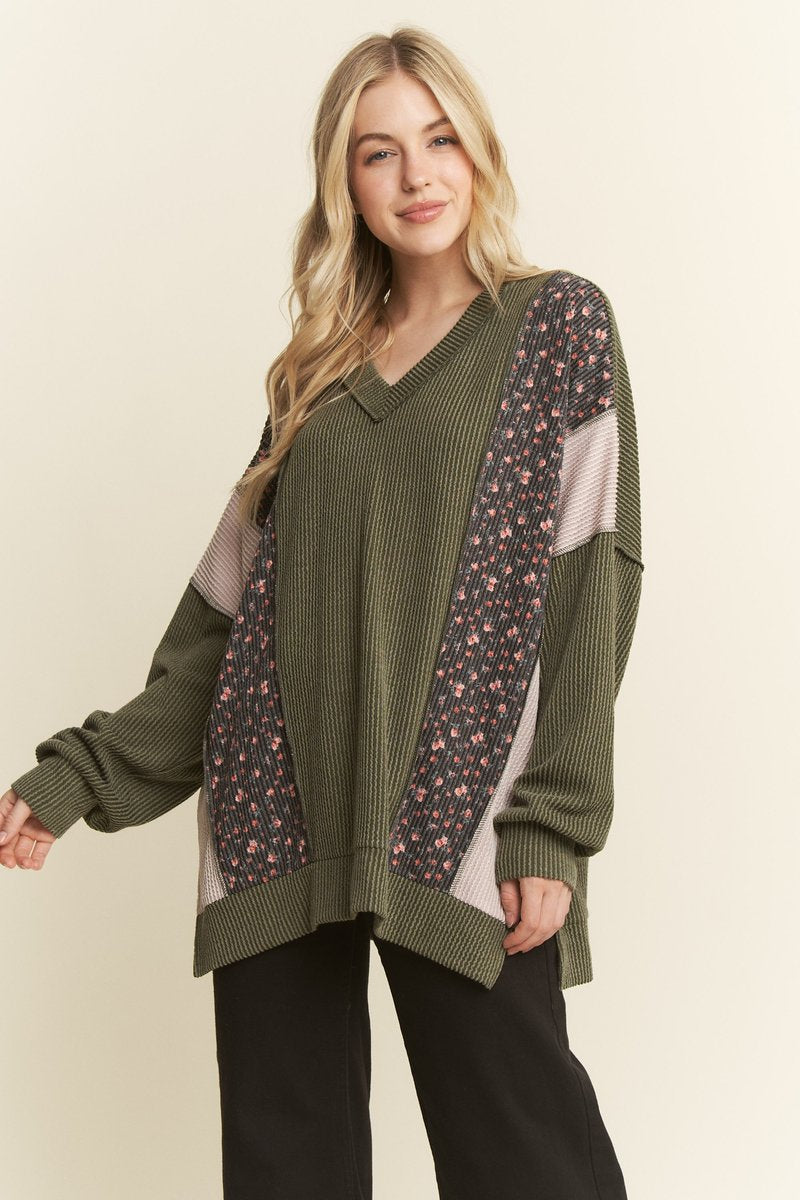 Olive Floral Mixed Ribbed Top