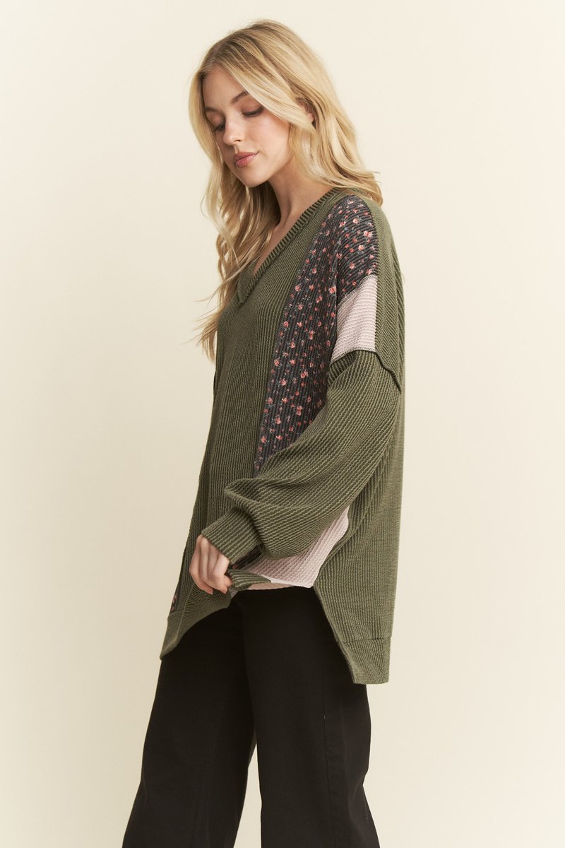 Olive Floral Mixed Ribbed Top