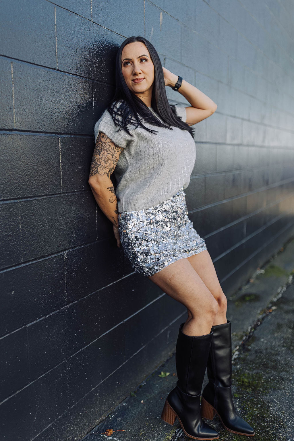 Silver Sequin Mini Skirt